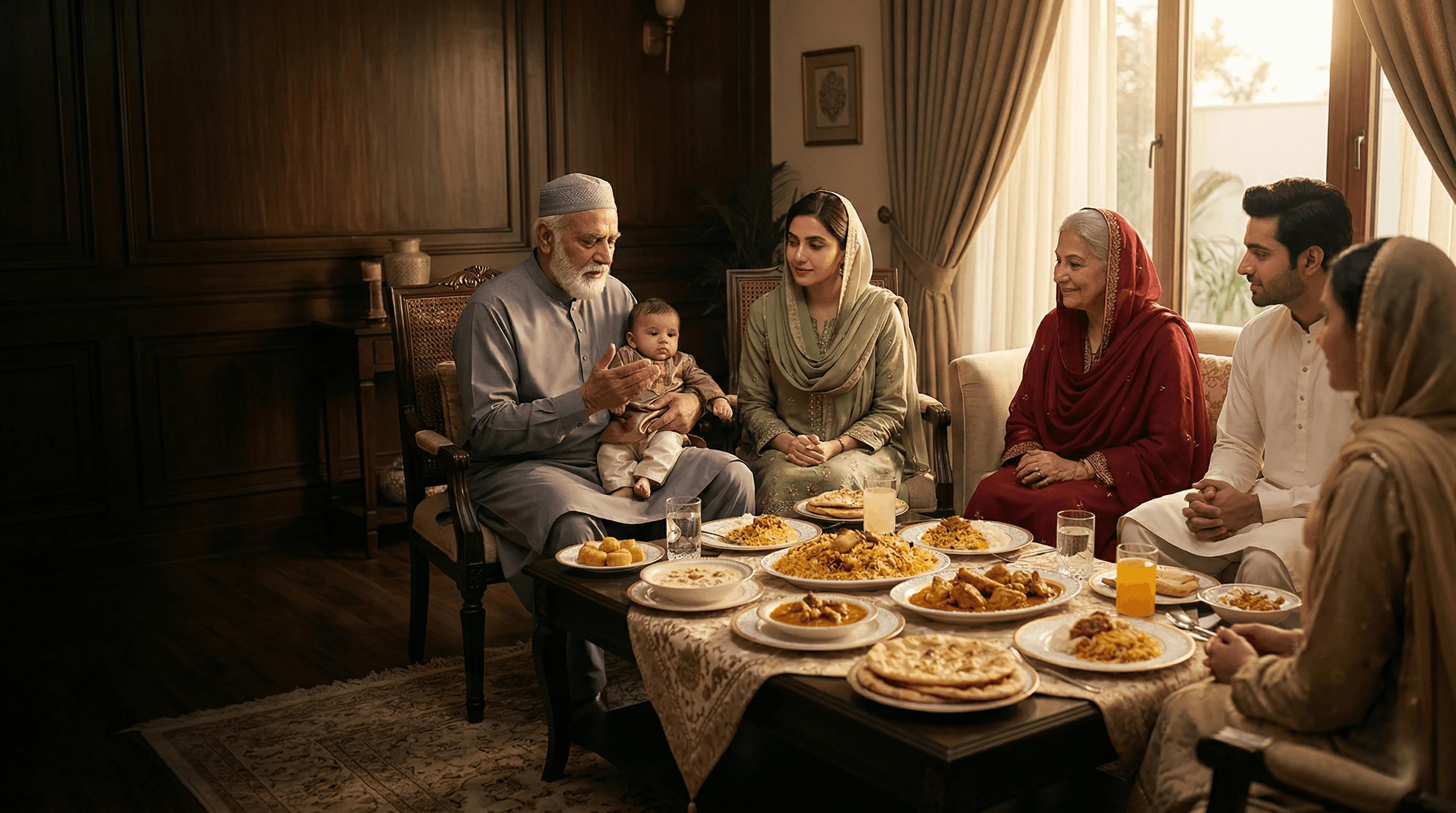 Warm intimate Pakistani family gathering around a traditional meal